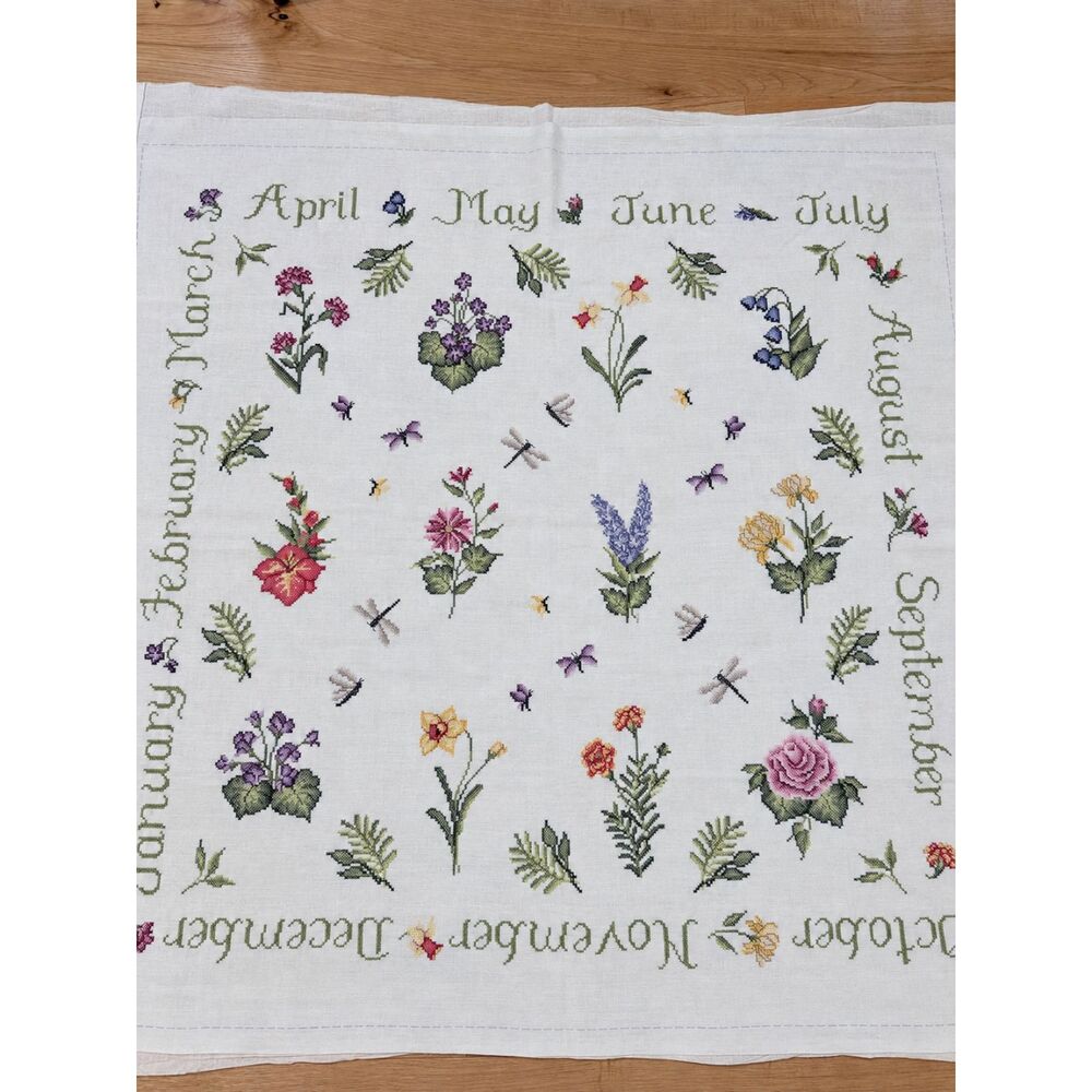 Large Completed Floral Months Cross Stitch Sampler 48" Unfinished Needlework 107